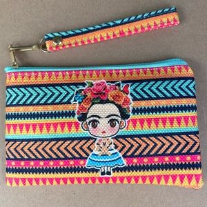 Frida Kahlo coin purse cosmetic pouch travel wallet  fabric striped zippered